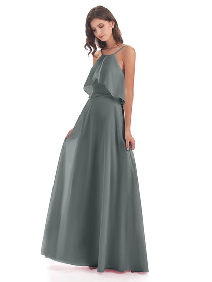 Paisley Halter Ruffles Chiffon Long Bridesmaid Dresses