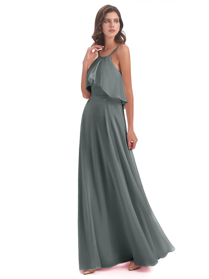 Paisley Halter Ruffles Chiffon Long Bridesmaid Dresses