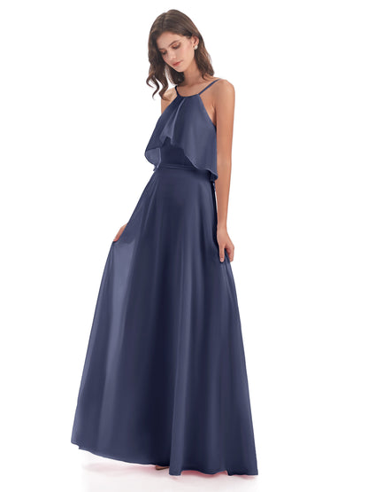 Paisley Halter Ruffles Chiffon Long Bridesmaid Dresses