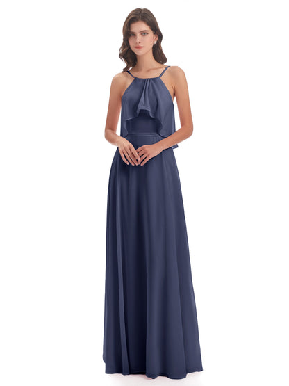 Paisley Halter Ruffles Chiffon Long Bridesmaid Dresses