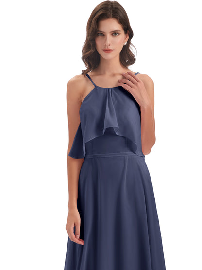 Paisley Halter Ruffles Chiffon Long Bridesmaid Dresses
