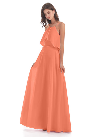 Paisley Halter Ruffles Chiffon Long Bridesmaid Dresses