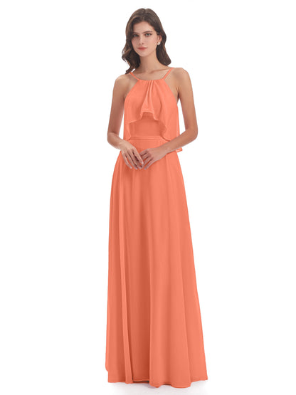 Paisley Halter Ruffles Chiffon Long Bridesmaid Dresses