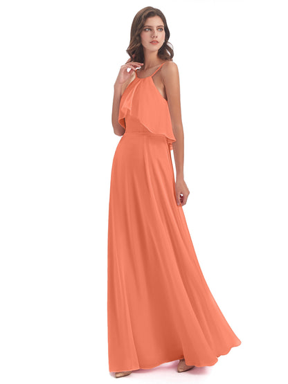 Paisley Halter Ruffles Chiffon Long Bridesmaid Dresses