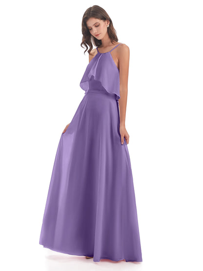 Paisley Halter Ruffles Chiffon Long Bridesmaid Dresses