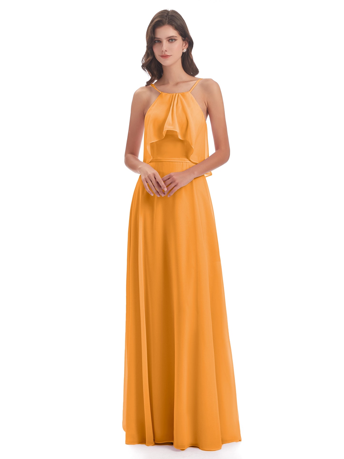 Paisley Halter Ruffles Chiffon Long Bridesmaid Dresses