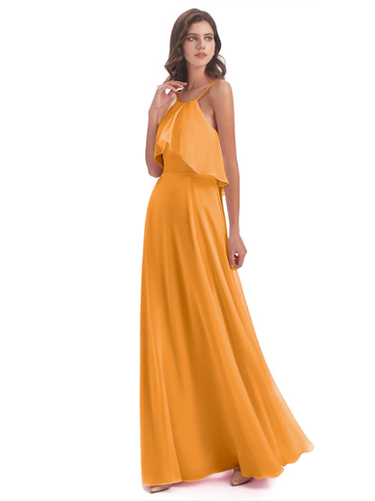 Paisley Halter Ruffles Chiffon Long Bridesmaid Dresses