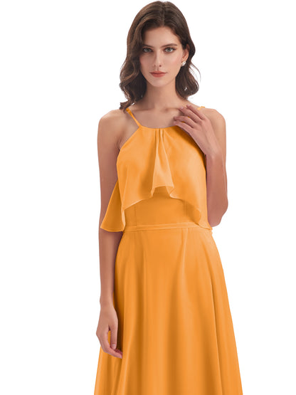 Paisley Halter Ruffles Chiffon Long Bridesmaid Dresses