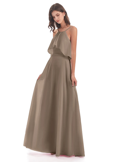 Paisley Halter Ruffles Chiffon Long Bridesmaid Dresses
