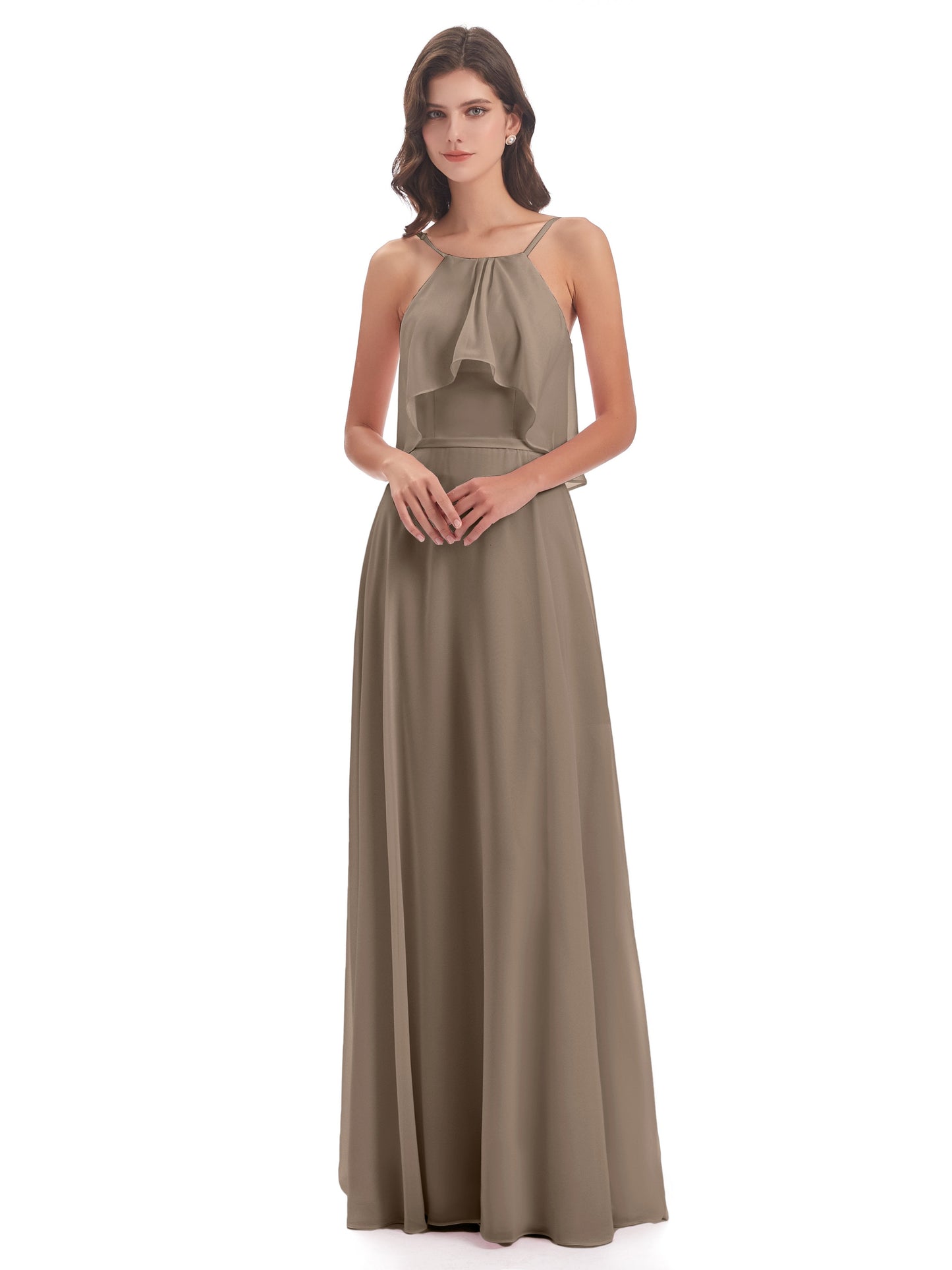 Paisley Halter Ruffles Chiffon Long Bridesmaid Dresses