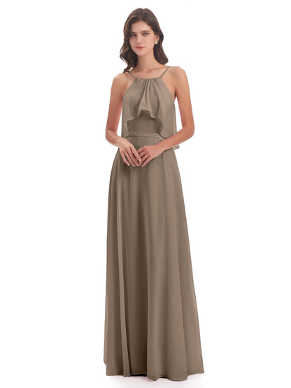 Paisley Halter Ruffles Chiffon Long Bridesmaid Dresses