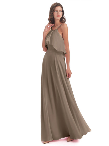 Paisley Halter Ruffles Chiffon Long Bridesmaid Dresses