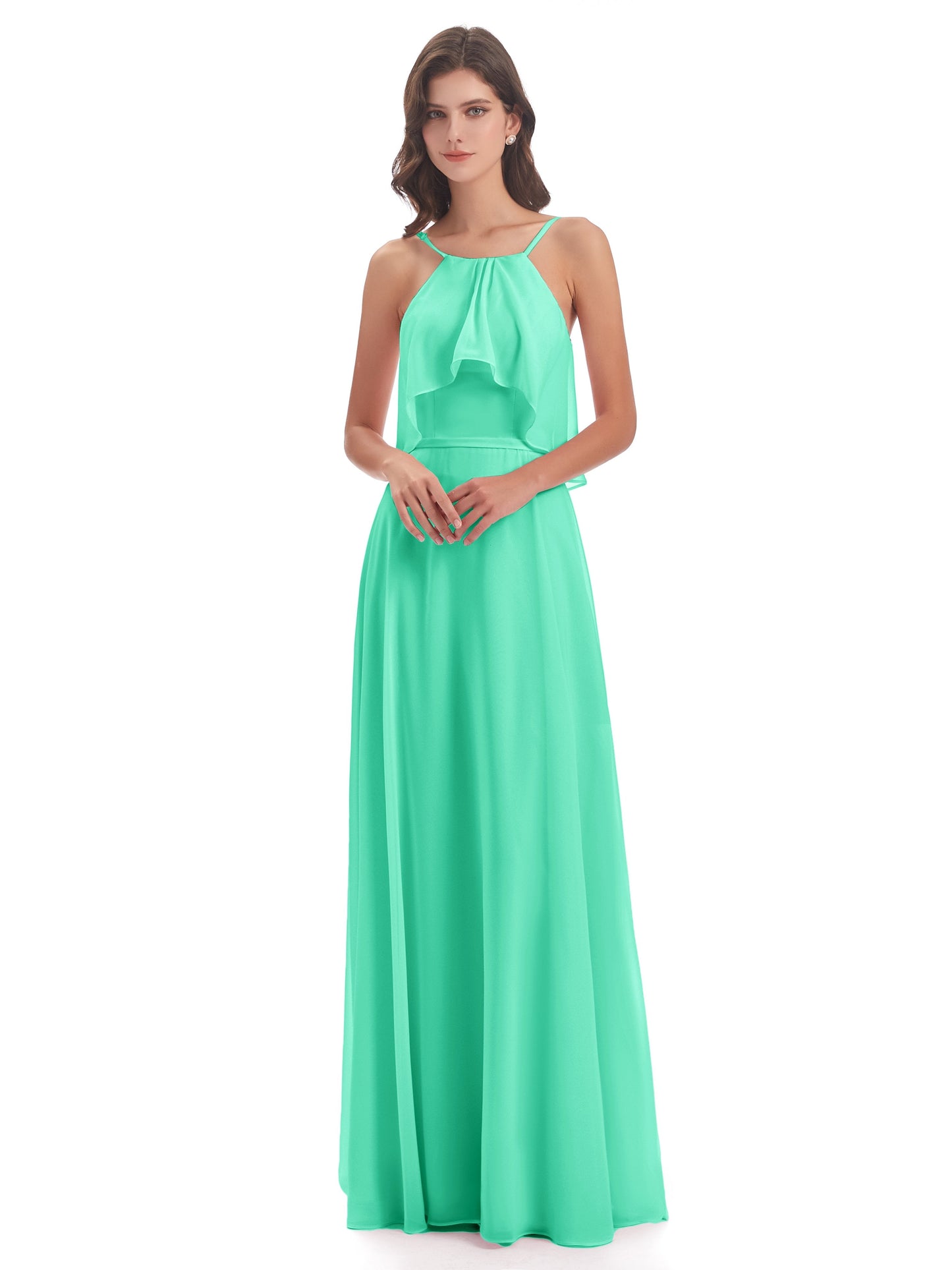Paisley Halter Ruffles Chiffon Long Bridesmaid Dresses