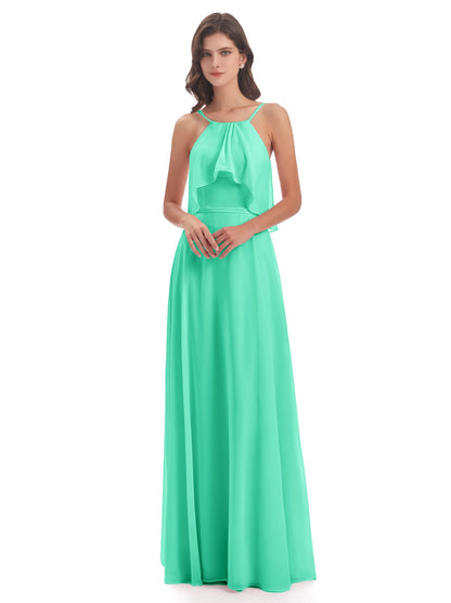 Paisley Halter Ruffles Chiffon Long Bridesmaid Dresses