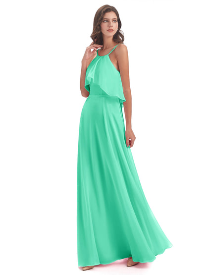 Paisley Halter Ruffles Chiffon Long Bridesmaid Dresses