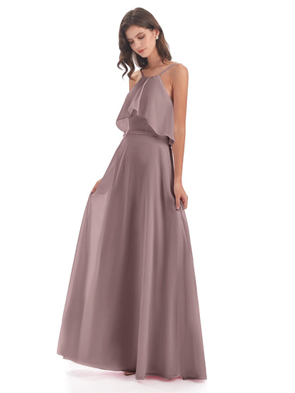 Paisley Halter Ruffles Chiffon Long Bridesmaid Dresses