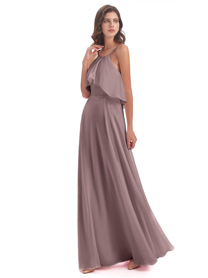 Paisley Halter Ruffles Chiffon Long Bridesmaid Dresses