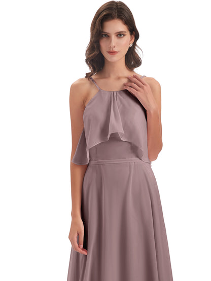 Paisley Halter Ruffles Chiffon Long Bridesmaid Dresses