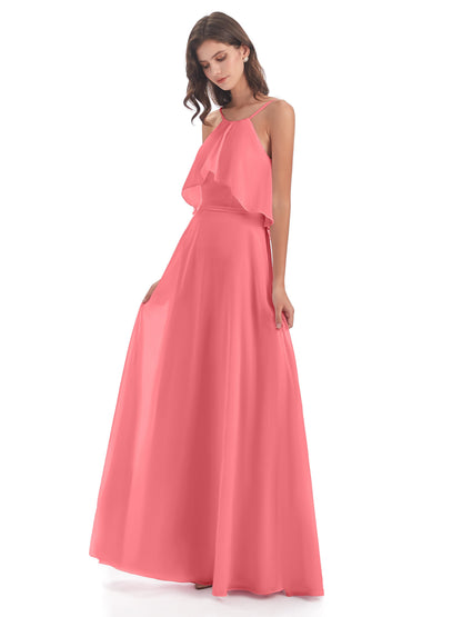 Paisley Halter Ruffles Chiffon Long Bridesmaid Dresses