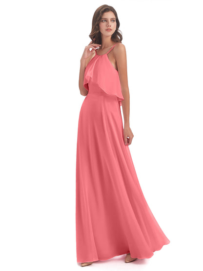 Paisley Halter Ruffles Chiffon Long Bridesmaid Dresses