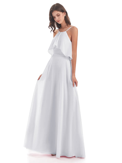 Paisley Halter Ruffles Chiffon Long Bridesmaid Dresses
