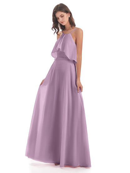 Paisley Halter Ruffles Chiffon Long Bridesmaid Dresses