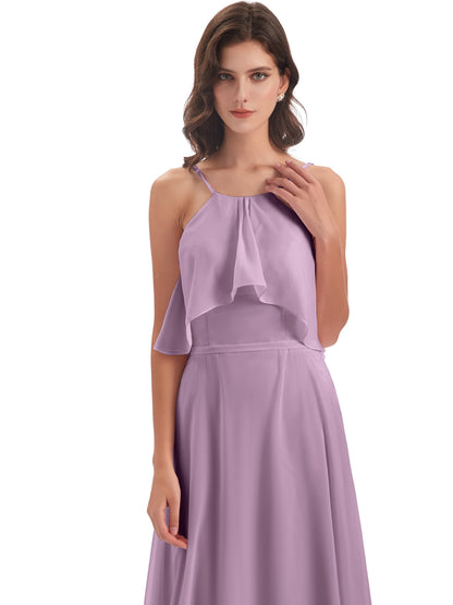 Paisley Halter Ruffles Chiffon Long Bridesmaid Dresses