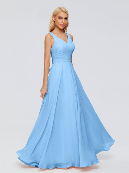 Ryleigh V Neck Long Chiffon Bridesmaid Dresses with Bow