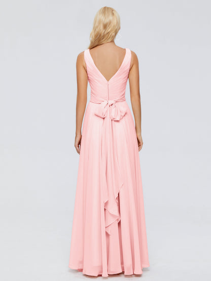 Ryleigh V Neck Long Chiffon Bridesmaid Dresses with Bow