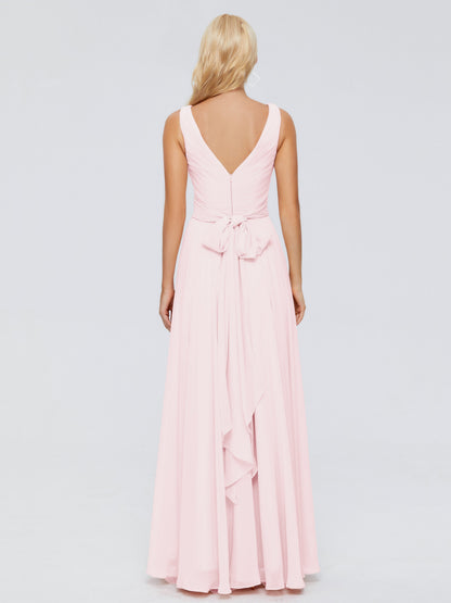 Ryleigh V Neck Long Chiffon Bridesmaid Dresses with Bow