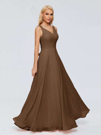 Ryleigh V Neck Long Chiffon Bridesmaid Dresses with Bow