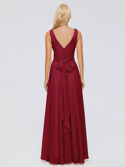Ryleigh V Neck Long Chiffon Bridesmaid Dresses with Bow