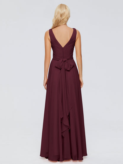 Ryleigh V Neck Long Chiffon Bridesmaid Dresses with Bow