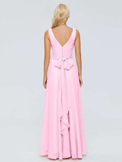 Ryleigh V Neck Long Chiffon Bridesmaid Dresses with Bow