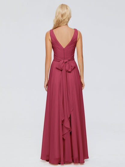 Ryleigh V Neck Long Chiffon Bridesmaid Dresses with Bow