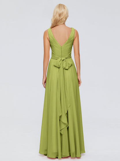 Ryleigh V Neck Long Chiffon Bridesmaid Dresses with Bow