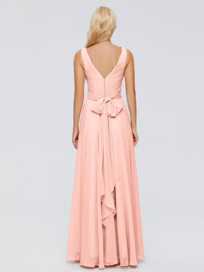 Ryleigh V Neck Long Chiffon Bridesmaid Dresses with Bow