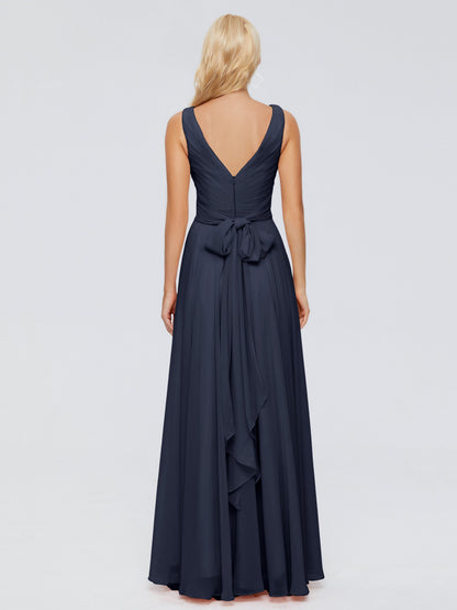 Ryleigh V Neck Long Chiffon Bridesmaid Dresses with Bow