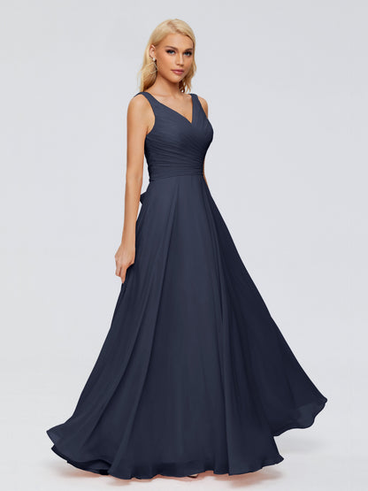Ryleigh V Neck Long Chiffon Bridesmaid Dresses with Bow