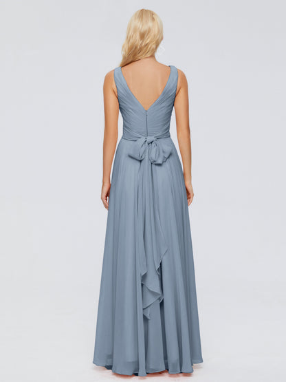 Ryleigh V Neck Long Chiffon Bridesmaid Dresses with Bow