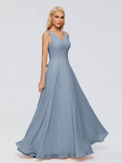 Ryleigh V Neck Long Chiffon Bridesmaid Dresses with Bow