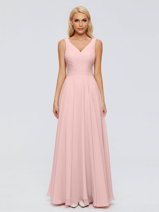 Ryleigh V Neck Long Chiffon Bridesmaid Dresses with Bow