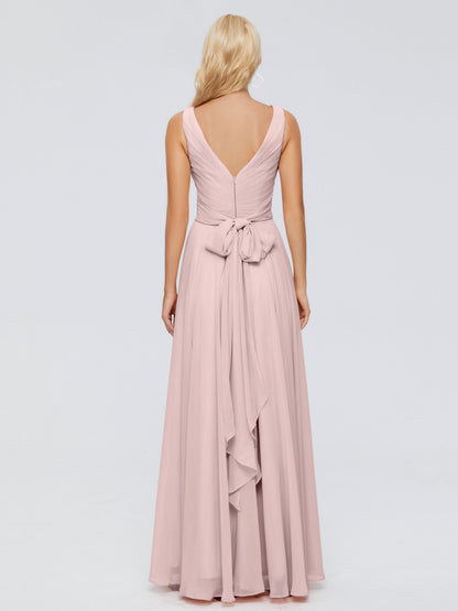 Ryleigh V Neck Long Chiffon Bridesmaid Dresses with Bow