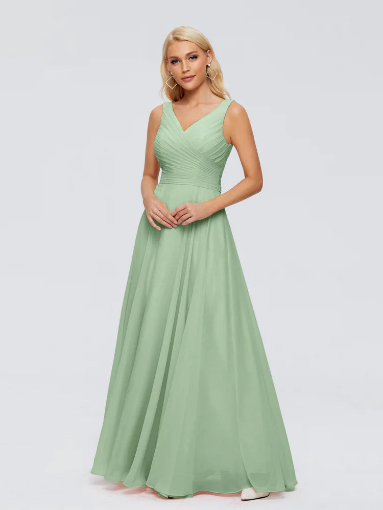 Ryleigh V Neck Long Chiffon Bridesmaid Dresses with Bow