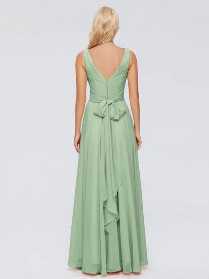 Ryleigh V Neck Long Chiffon Bridesmaid Dresses with Bow
