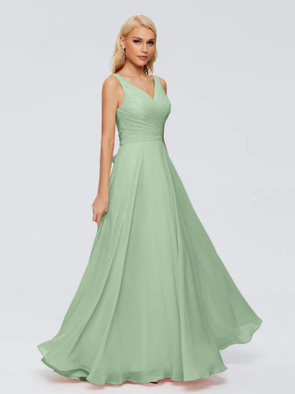 Ryleigh V Neck Long Chiffon Bridesmaid Dresses with Bow