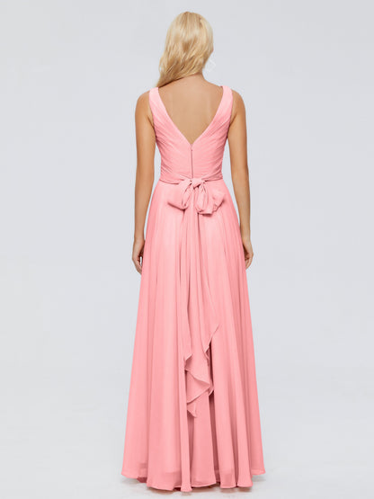 Ryleigh V Neck Long Chiffon Bridesmaid Dresses with Bow