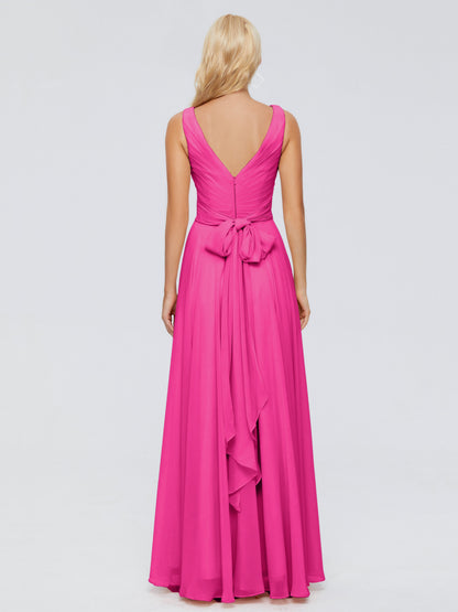 Ryleigh V Neck Long Chiffon Bridesmaid Dresses with Bow