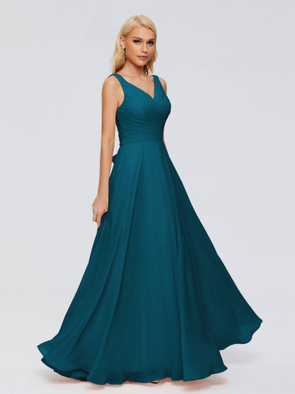 Ryleigh V Neck Long Chiffon Bridesmaid Dresses with Bow