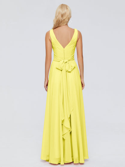 Ryleigh V Neck Long Chiffon Bridesmaid Dresses with Bow